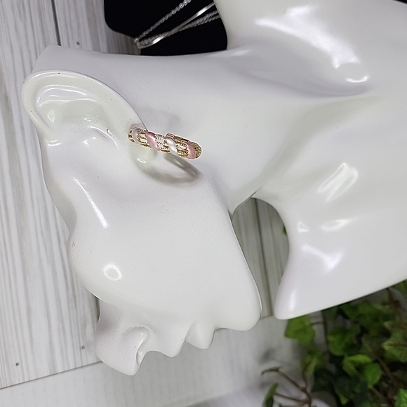 Gold Hoop Earrings with Pink and White New - Picture 6 of 7